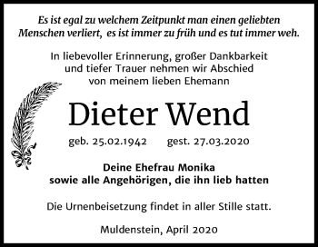 Traueranzeige von Dieter Wend von Mitteldeutsche Zeitung Bitterfeld