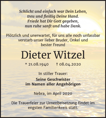 Traueranzeige von Dieter Witzel von Mitteldeutsche Zeitung Naumburg/Nebra