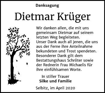 Traueranzeige von Dietmar Krüger von Super Sonntag Wittenberg
