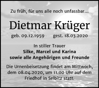Traueranzeige von Dietmar Krüger von Mitteldeutsche Zeitung Wittenberg