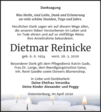 Traueranzeige von Dietmar Reinicke von Mitteldeutsche Zeitung Köthen