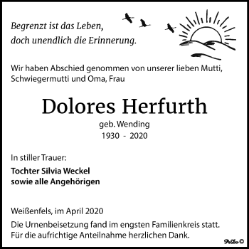 Traueranzeige von Dolores Herfurth von Mitteldeutsche Zeitung Weißenfels