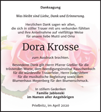 Traueranzeige von Dora Krosse von Mitteldeutsche Zeitung Naumburg/Nebra