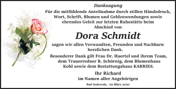Traueranzeige von Dora Schmidt von Mitteldeutsche Zeitung Quedlinburg