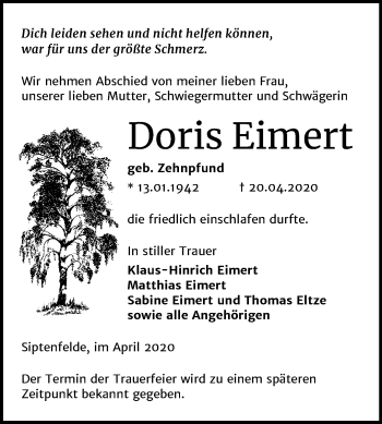 Traueranzeige von Doris Eimert von Super Sonntag Quedlinburg