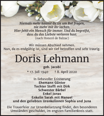 Traueranzeige von Doris Lehmann von Mitteldeutsche Zeitung Halle/Saalkreis
