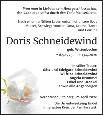 Traueranzeige von Doris Schneidewind von Mitteldeutsche Zeitung Sangerhausen