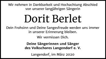 Traueranzeige von Dorit Berlet von Super Sonntag Weißenfels