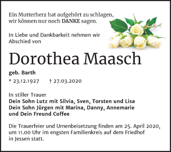 Traueranzeige von Dorothea Maasch von Mitteldeutsche Zeitung Wittenberg
