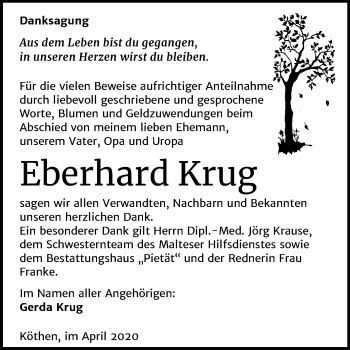 Traueranzeige von Eberhard Krug von Mitteldeutsche Zeitung Köthen