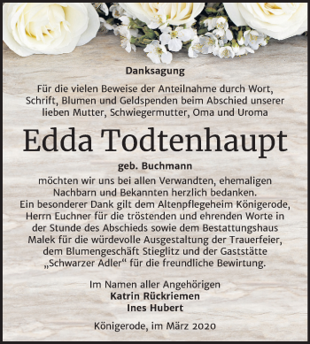 Traueranzeige von Edda Todtenhaupt von Mitteldeutsche Zeitung Quedlinburg