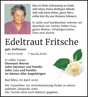 Traueranzeige von Edeltraut Fritsche von Mitteldeutsche Zeitung Naumburg/Nebra