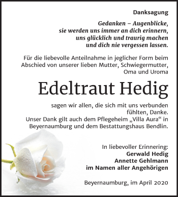 Traueranzeige von Edeltraut Hedig von Super Sonntag Sangerhausen