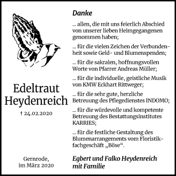 Traueranzeige von Edeltraut Heydenreich von Mitteldeutsche Zeitung Quedlinburg