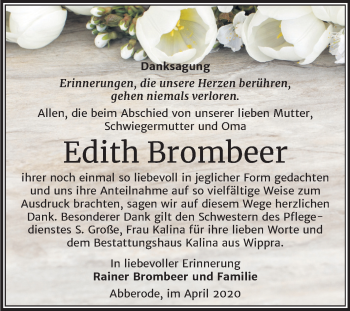 Traueranzeige von Edith Brombeer von Mitteldeutsche Zeitung Mansfelder Land