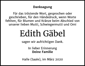 Traueranzeige von Edith Gäbel von Mitteldeutsche Zeitung Halle/Saalkreis