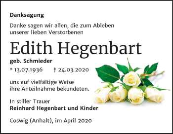 Traueranzeige von Edith Hegenbart von Mitteldeutsche Zeitung Wittenberg