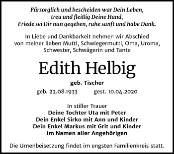 Traueranzeige von Edith Helbig von Mitteldeutsche Zeitung Halle/Saalkreis