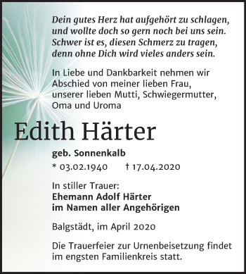 Traueranzeige von Edith Härter von Mitteldeutsche Zeitung Naumburg/Nebra