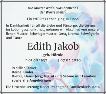 Traueranzeige von Edith Jakob von Mitteldeutsche Zeitung Mansfelder Land