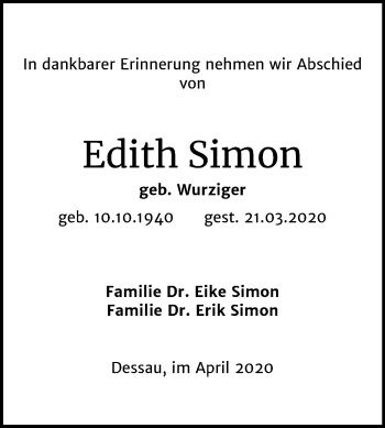 Traueranzeige von Edith Simon von Mitteldeutsche Zeitung Dessau-Roßlau
