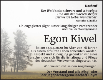 Traueranzeige von Egon Kiwel von Super Sonntag Aschersleben