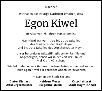 Traueranzeige von Egon Kiwel von Super Sonntag Aschersleben