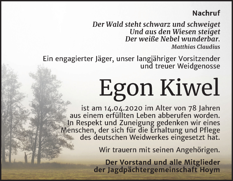  Traueranzeige für Egon Kiwel vom 25.04.2020 aus Super Sonntag Aschersleben