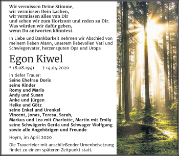 Traueranzeige von Egon Kiwel von Super Sonntag Aschersleben / Quedlinburg