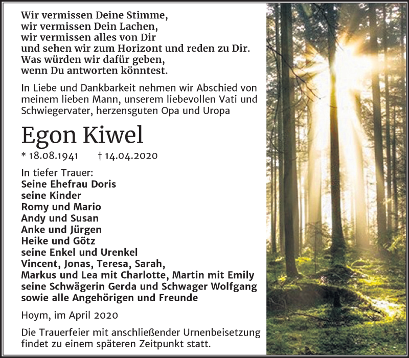  Traueranzeige für Egon Kiwel vom 25.04.2020 aus Super Sonntag Aschersleben / Quedlinburg
