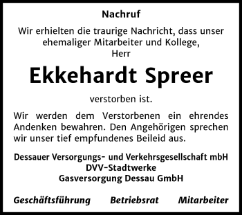 Traueranzeige von Ekkehardt Spreer von Mitteldeutsche Zeitung Dessau-Roßlau
