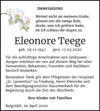 Traueranzeige von Eleonore Teege von Super Sonntag Naumburg/Nebra