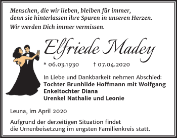 Traueranzeige von Elfriede Madey von Mitteldeutsche Zeitung Merseburg/Querfurt