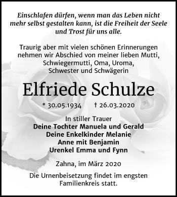 Traueranzeige von Elfriede Schulze von Mitteldeutsche Zeitung Wittenberg