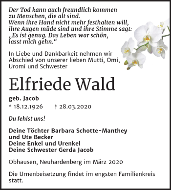 Traueranzeige von Elfriede Wald von Super Sonntag Merseburg/Querfurt