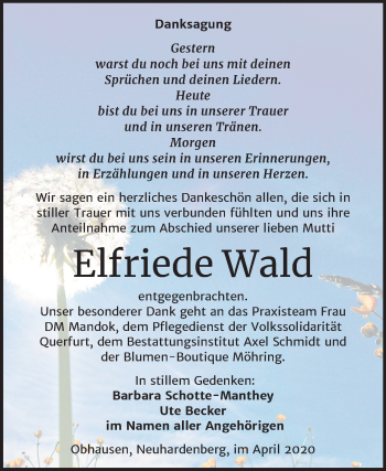 Traueranzeige von Elfriede Wald von Super Sonntag Merseburg/Querfurt