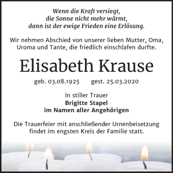 Traueranzeige von Elisabeth Krause von Mitteldeutsche Zeitung Bitterfeld