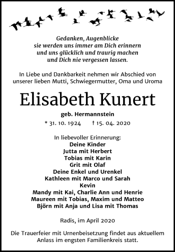Traueranzeige von Elisabeth Kunert von Mitteldeutsche Zeitung Wittenberg