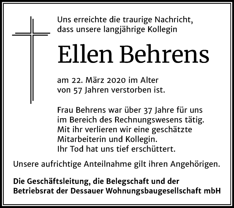  Traueranzeige für Ellen Behrens vom 09.04.2020 aus Mitteldeutsche Zeitung Dessau-Roßlau