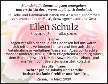 Traueranzeige von Ellen Schulz von Mitteldeutsche Zeitung Wittenberg