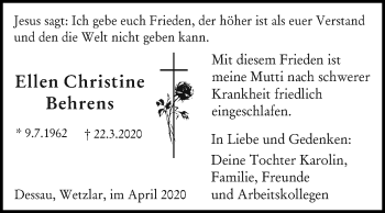 Traueranzeige von Ellen Christine Behrens von Super Sonntag Dessau-Roßlau
