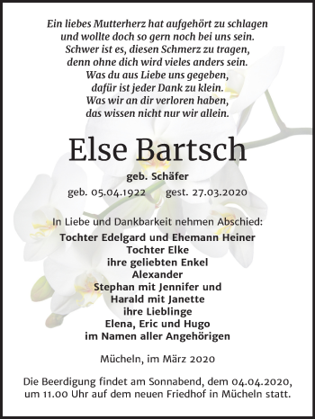 Traueranzeige von Else Bartsch von Mitteldeutsche Zeitung Merseburg/Querfurt