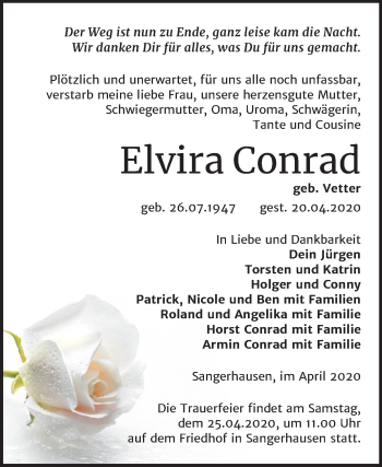 Traueranzeige von Elvira Conrad von Mitteldeutsche Zeitung Sangerhausen