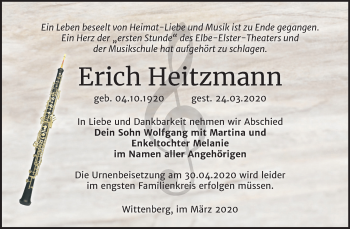 Traueranzeige von Erich Heitzmann von Mitteldeutsche Zeitung Wittenberg