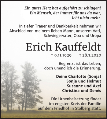 Traueranzeige von Erich Kauffeldt von Super Sonntag Sangerhausen