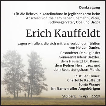 Traueranzeige von Erich Kauffeldt von Mitteldeutsche Zeitung Sangerhausen