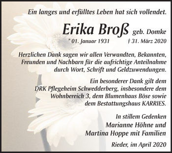 Traueranzeige von Erika Broß von Mitteldeutsche Zeitung Quedlinburg