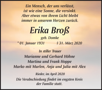 Traueranzeige von Erika Broß von Super Sonntag Quedlinburg
