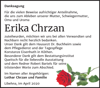 Traueranzeige von Erika Chrzan von Super Sonntag Köthen