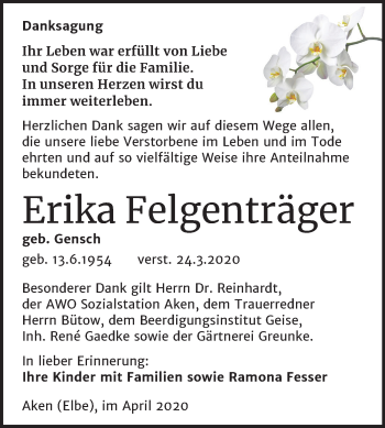 Traueranzeige von Erika Felgenträger von Mitteldeutsche Zeitung Köthen